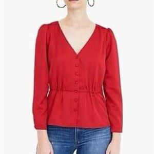 J.Crew Button Front Long Sleeve Blouse Red Peplum Waist Size 8‎